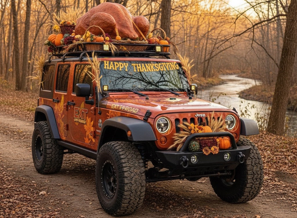 Jeep decorated with Thanksgiving decorations in a forest setting